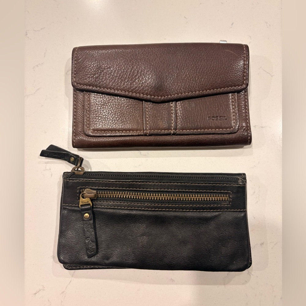 Two Fossil Wallets 1 Dark Brown Leather Wallet, 1 Black Leather Wallet